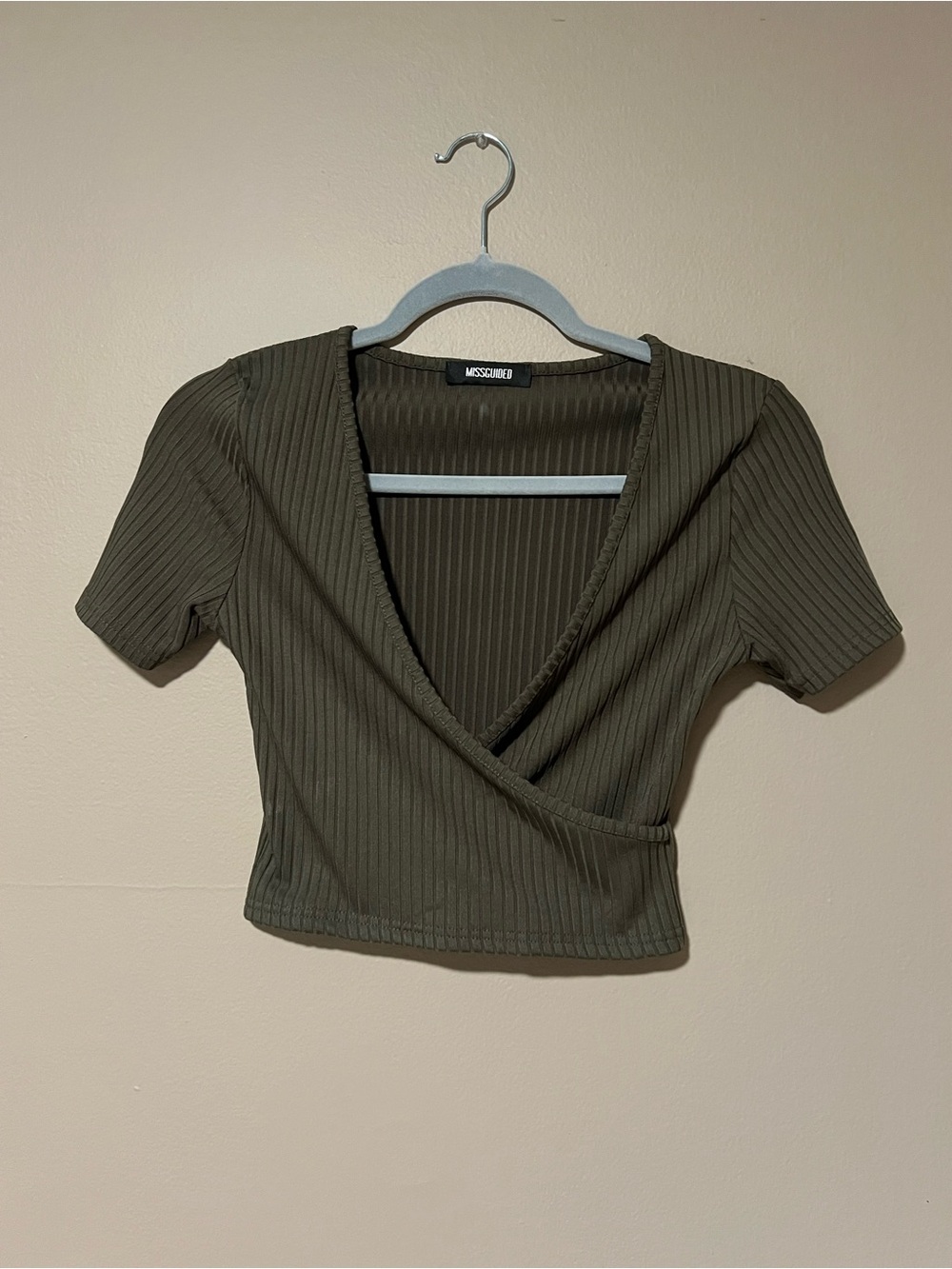 Missguided Olive Ribbed Wrap Crop Top